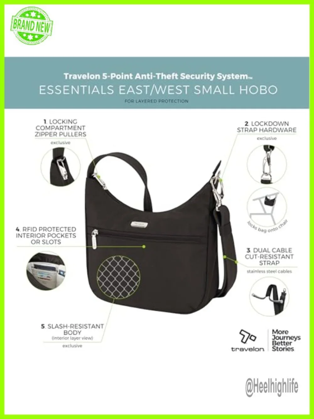 Anti-Theft East/West Hobo Bag with RFID Blocking-Slash Resistant
